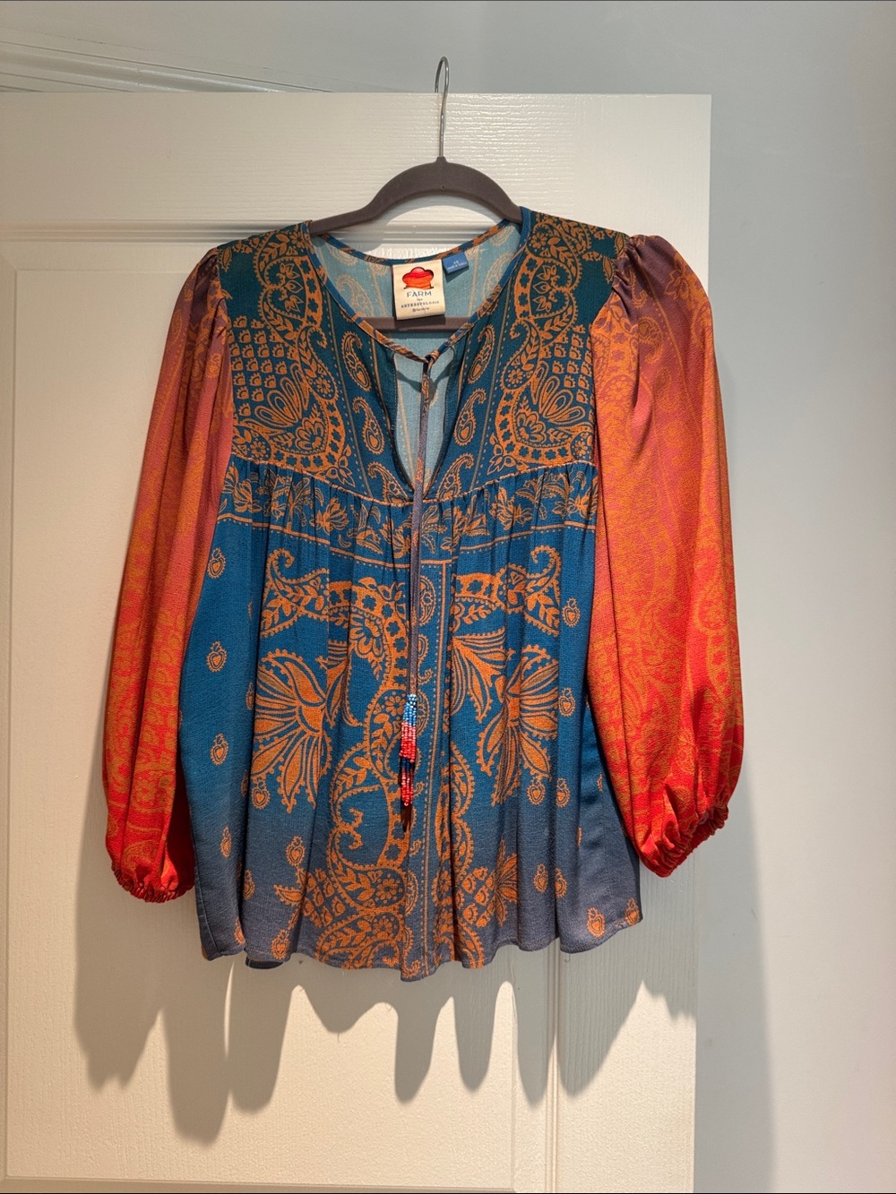 Farm Rio Teal and Orange Paisley Peasant Blouse